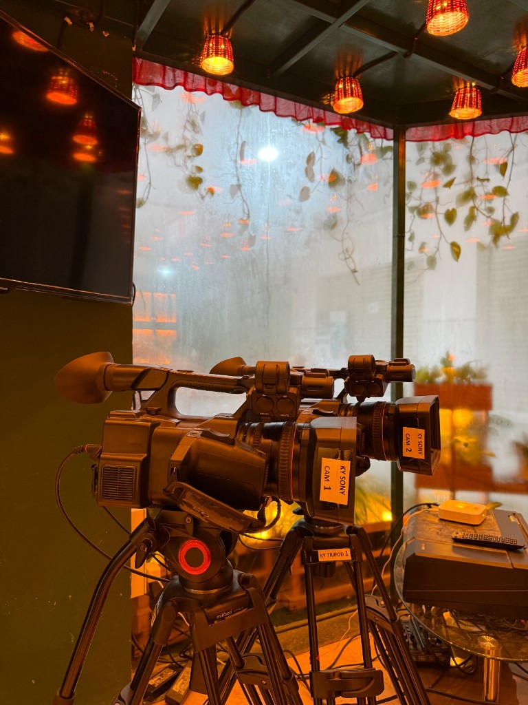 Professional Sony cameras on tripods ready for content shoots